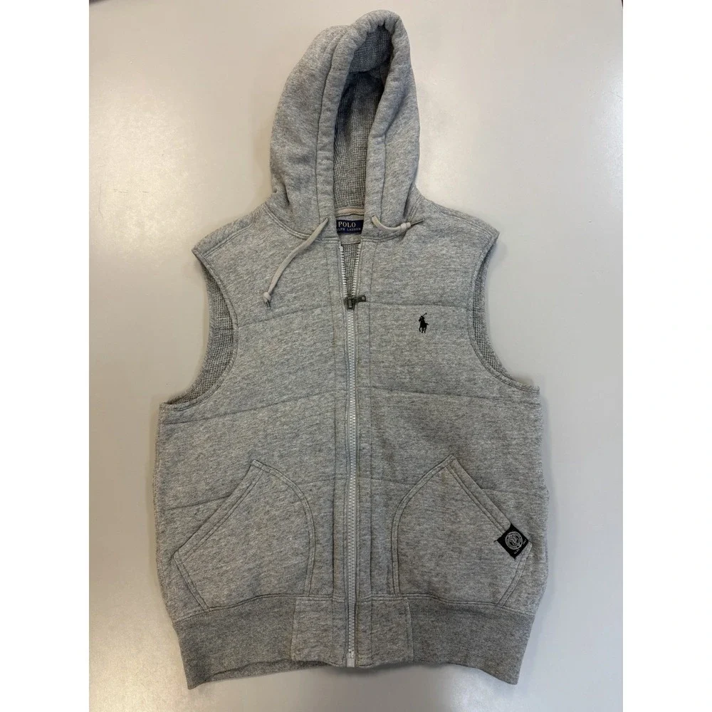 Polo‎ Ralph Lauren Mens Grey Zip Up Hoodie Vest Quilted Sleeveless Logo Size M